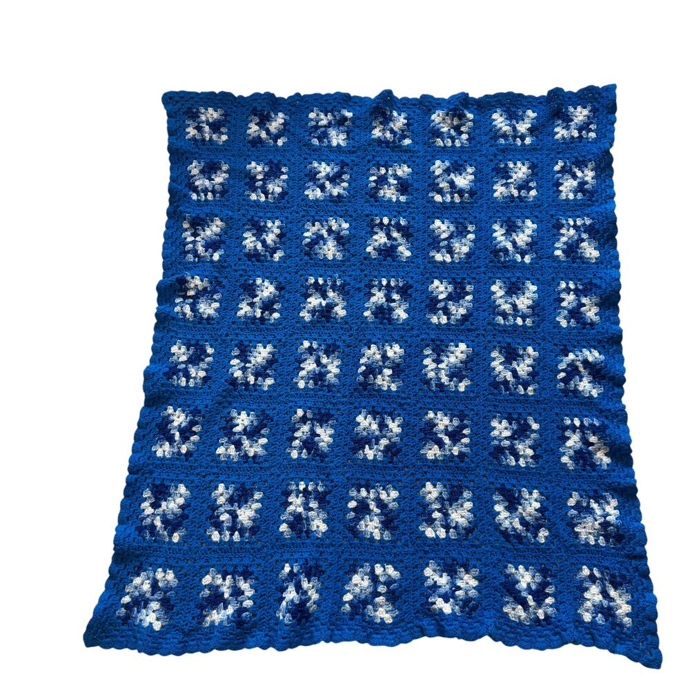 Handmade Blue &White Granny Square Crochet Afghan Throw Blanket 49'x42"